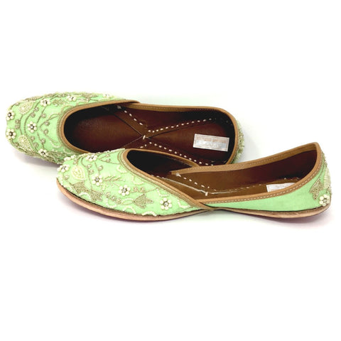 mint green indian women shoes with pearl embroidery