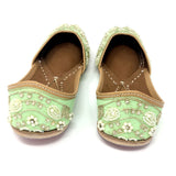 mint green punjabi jutti with pearl embroidery