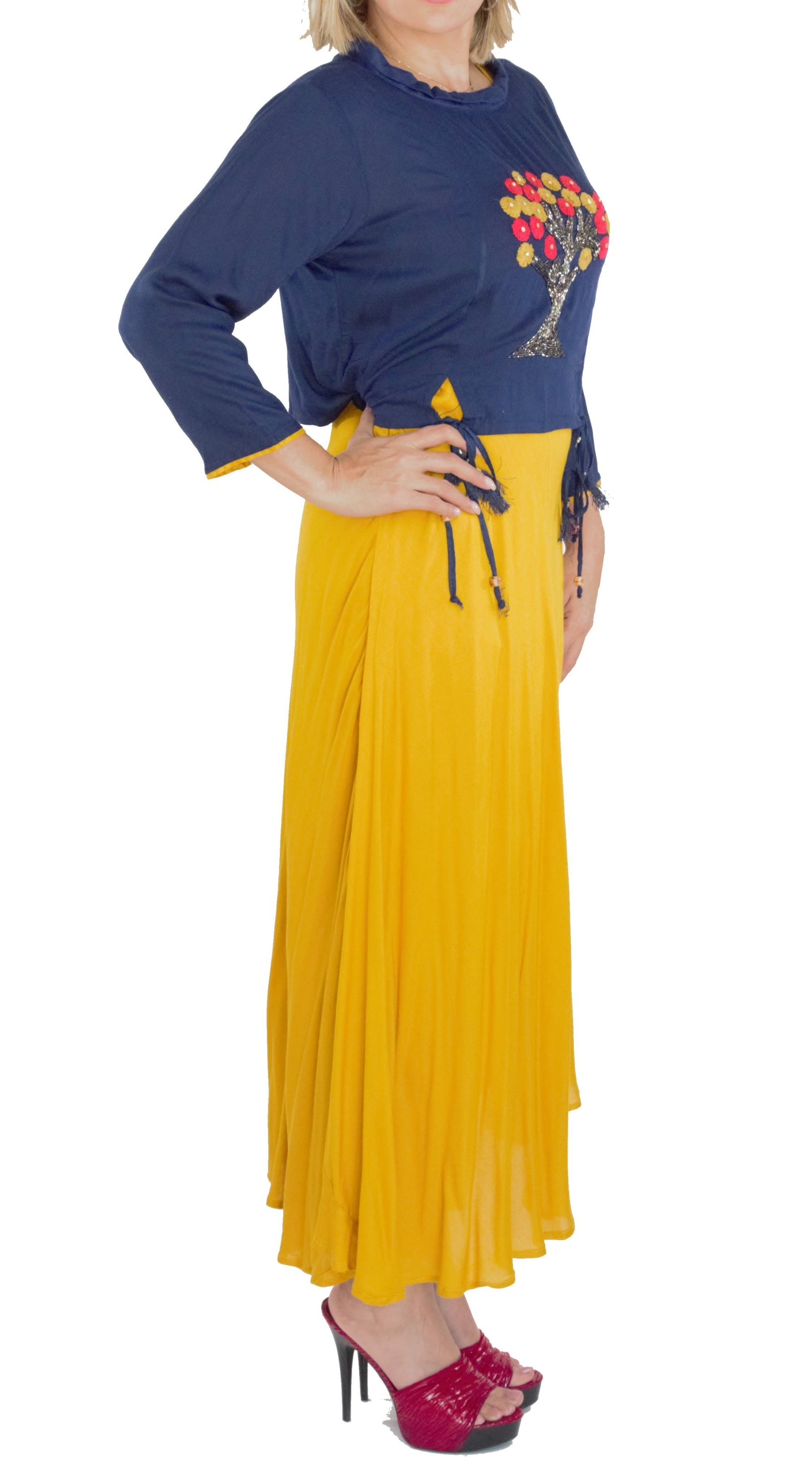 Mustard Color Kurti With Navy Blue Crop Top Bollywood Wardrobe