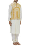 Mustard Color Raw Silk Embroidered Nehru Jacket Bandhgala Waistcoat Bandi
