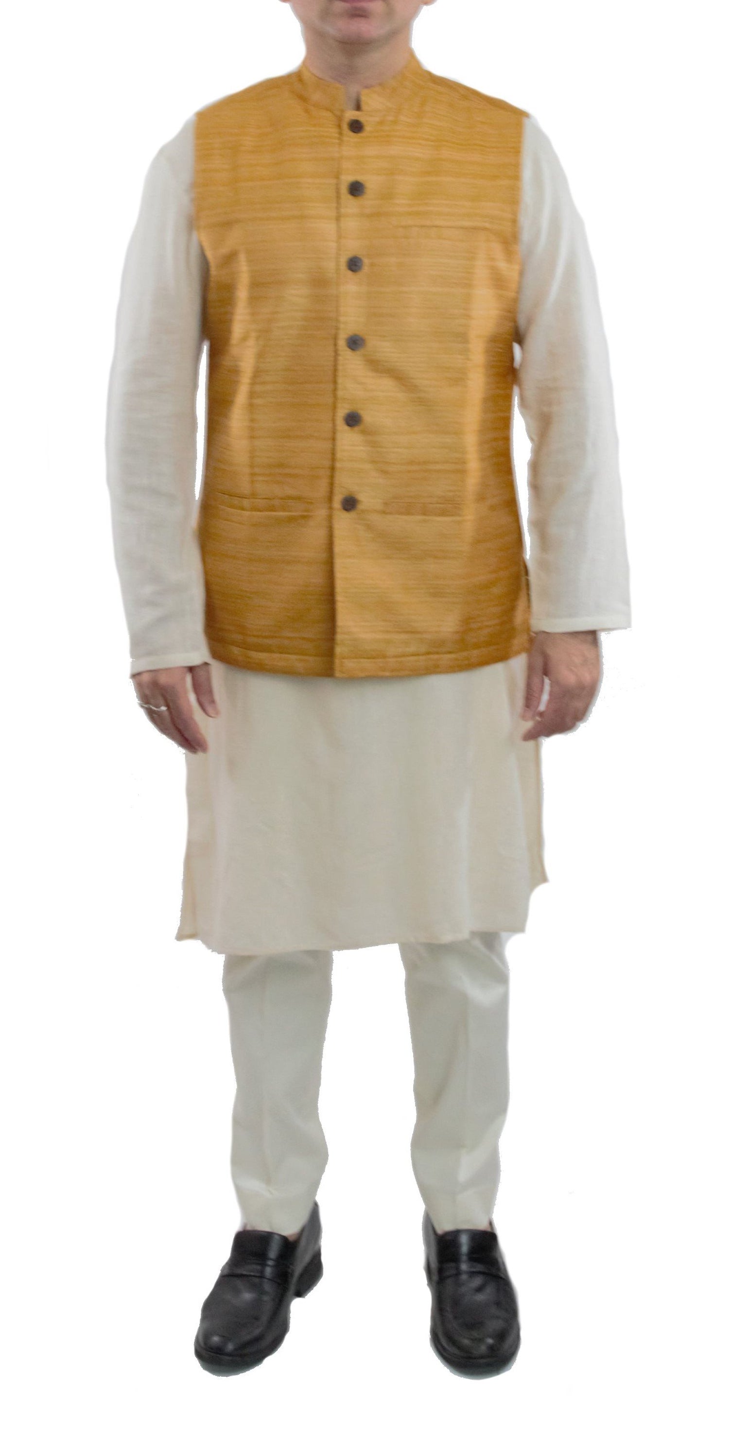 mustard color nehru jacket in ghicha silk