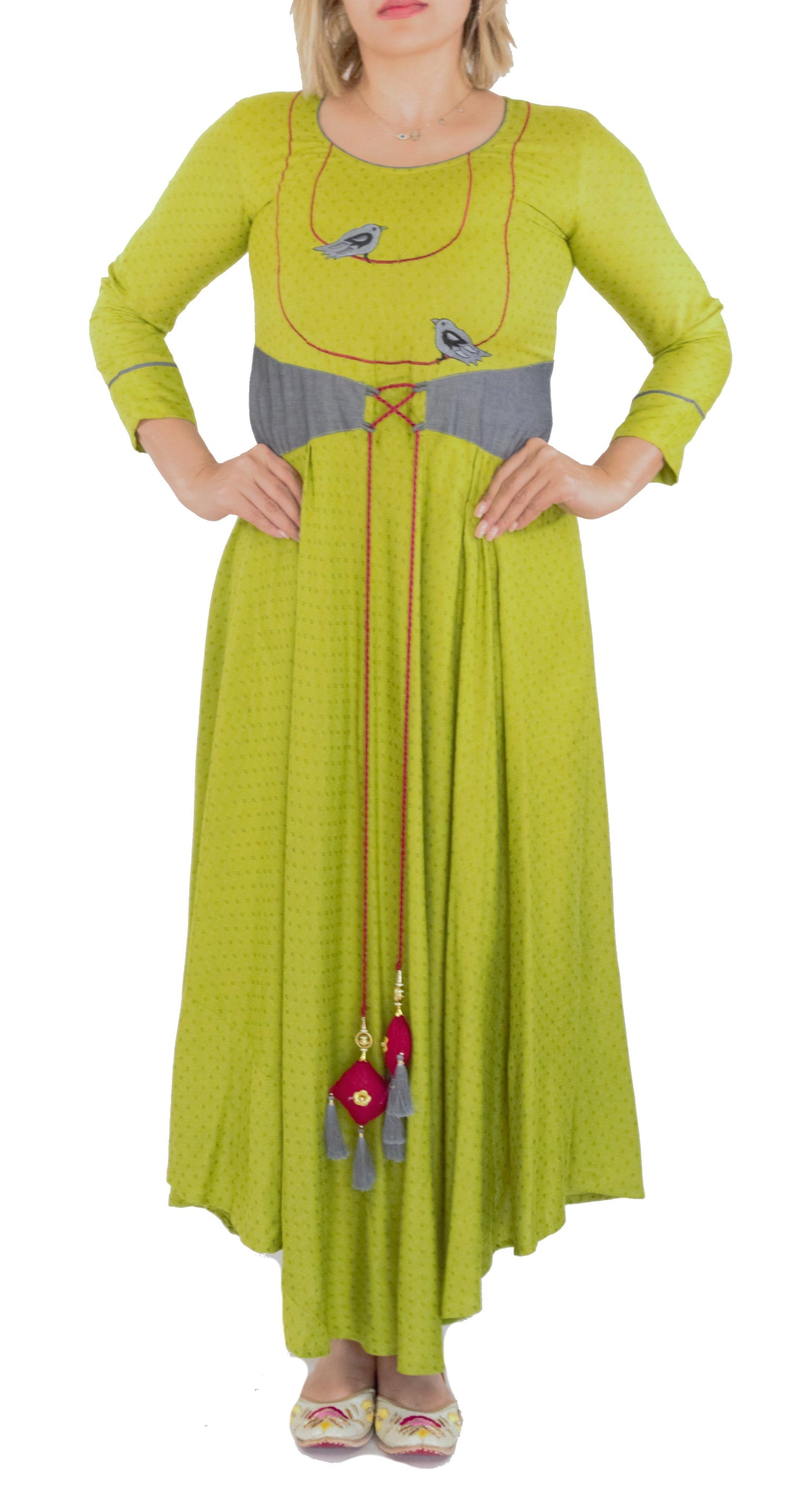 Olive Green Kurti with Sparrow Design