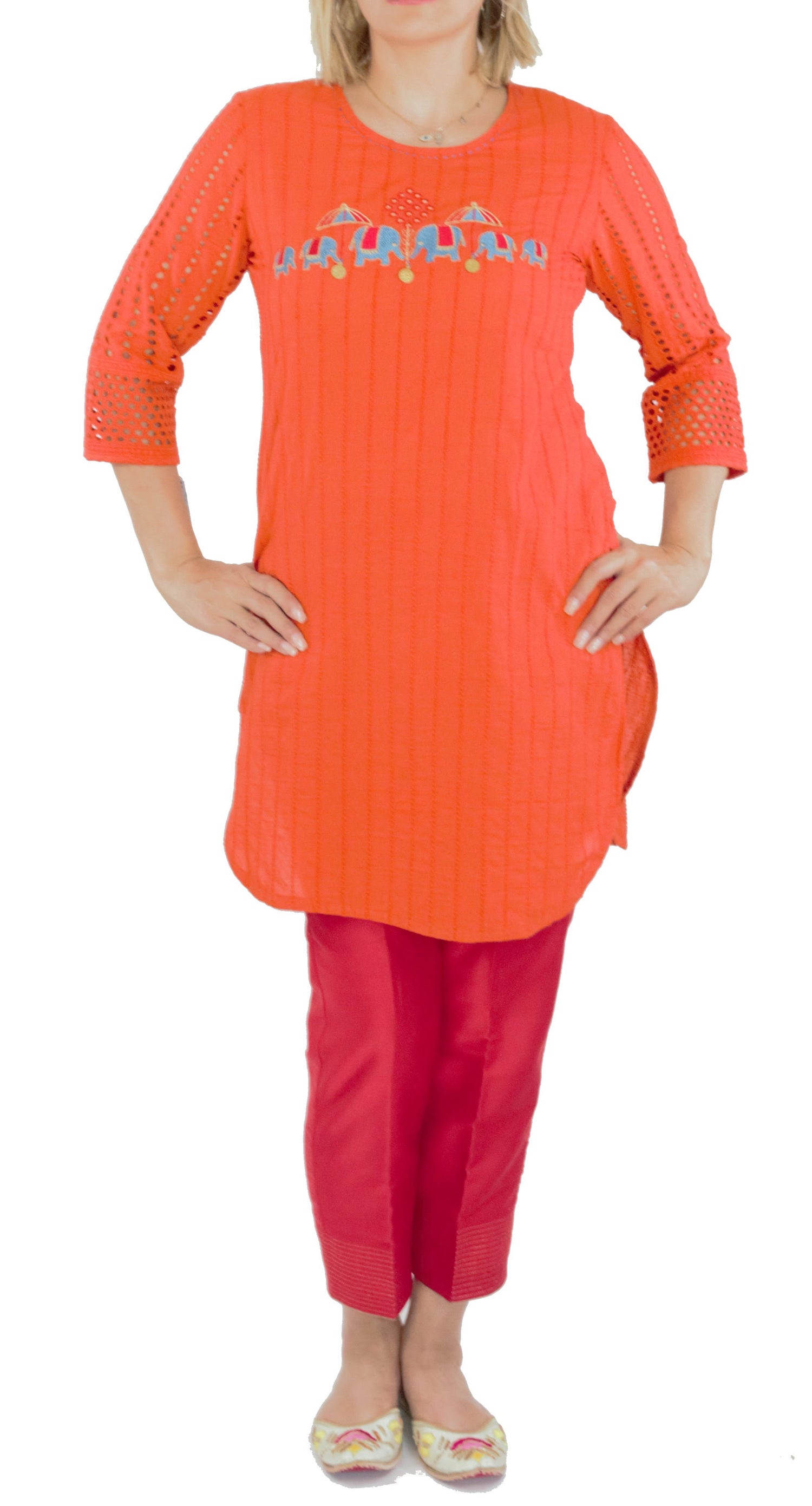 Orange Color Kurti with Royal Elephant Design