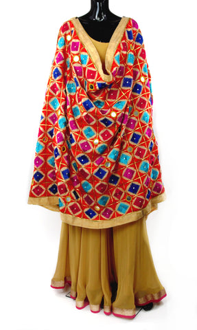 Orange Phulkari Dupatta with Mirror Work