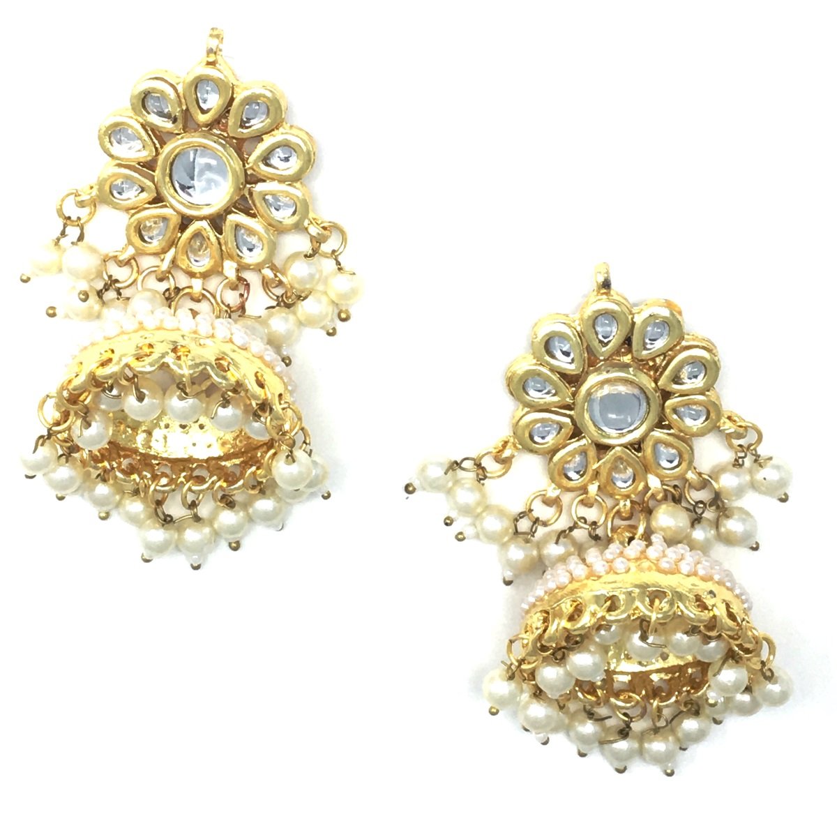 Gold Pearl and Kundan Jhumka Earrings
