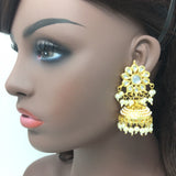 Gold Kundan and Pearl Jhumka Earrings