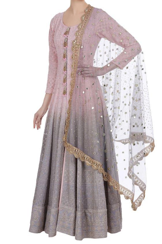 Pink and Grey Ombre Lakhnavi Chikankari Anarkali Suit Set