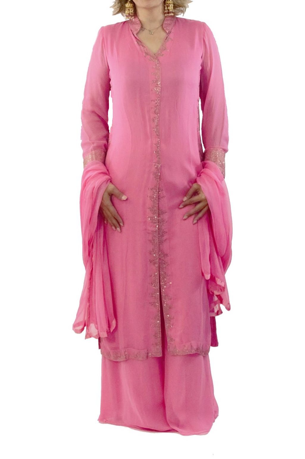 Pink Kurta Set with Palazzo & Dupatta having Swarvoski Crystals Work