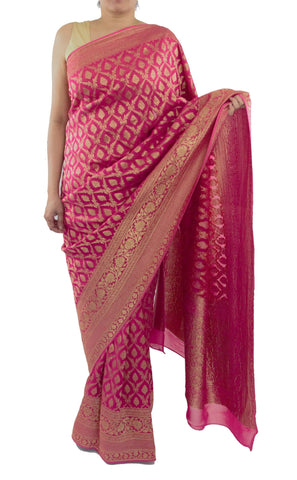 Pink Color Banarsi Saree With Floral Border