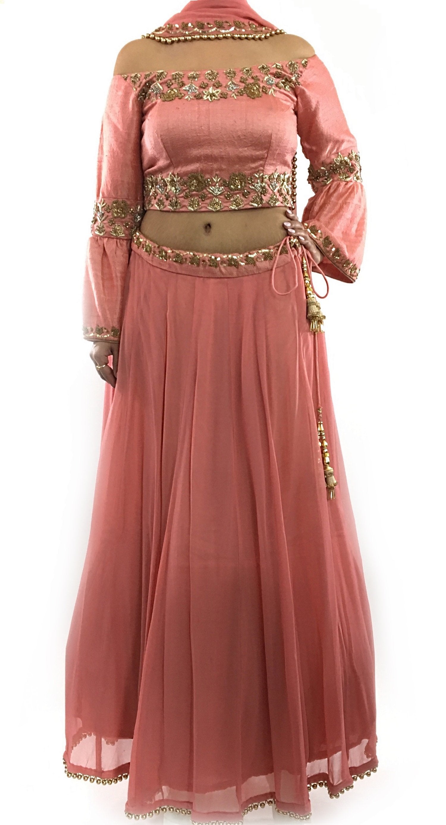 Pink Color Off Shoulder Blouse Lehenga Set with Zari Work