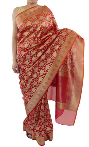 Red Color Banarsi Saree with Swarovski Crystals Work