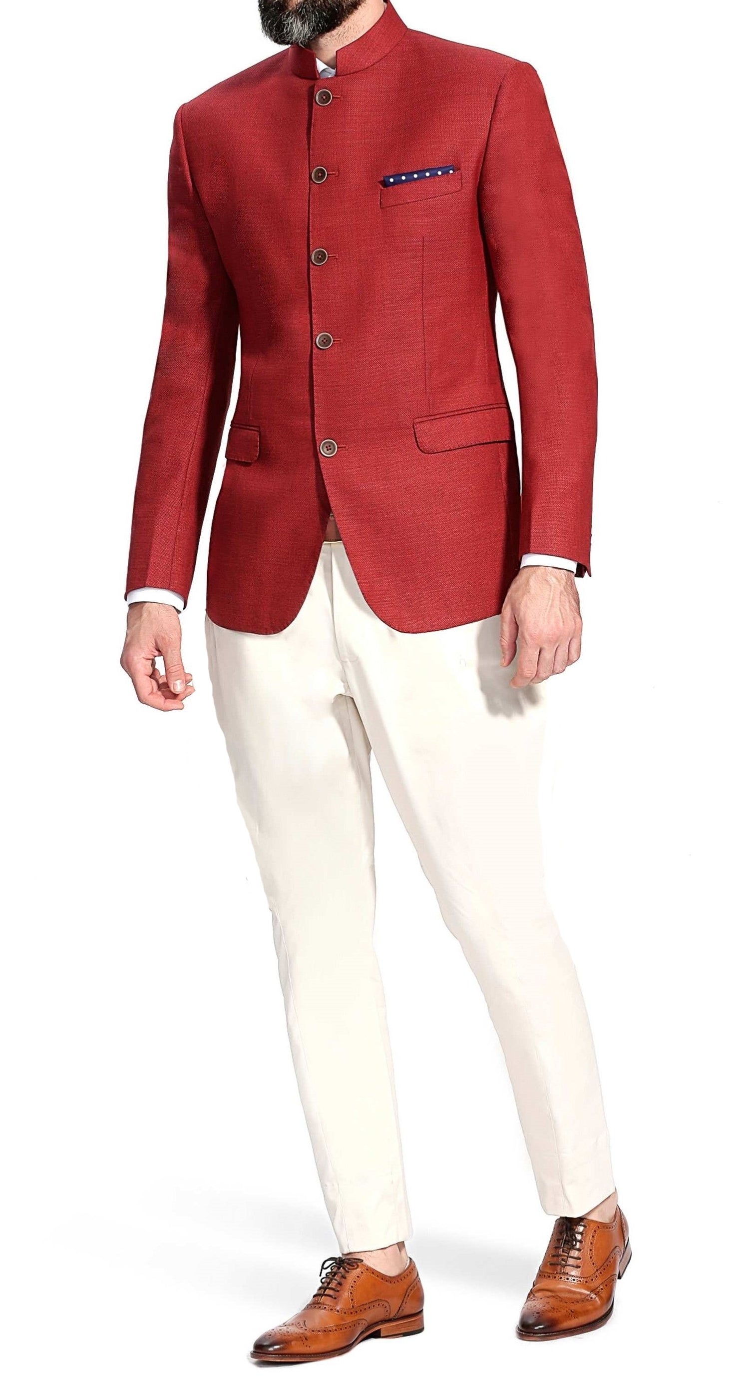 Red Color Bandhgala Chinese/Mandarin Collar Jodhpuri Suit