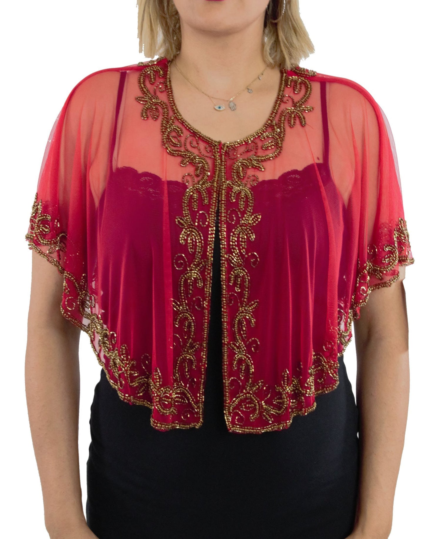 Red Color Cape With Antique Gold Bead Work