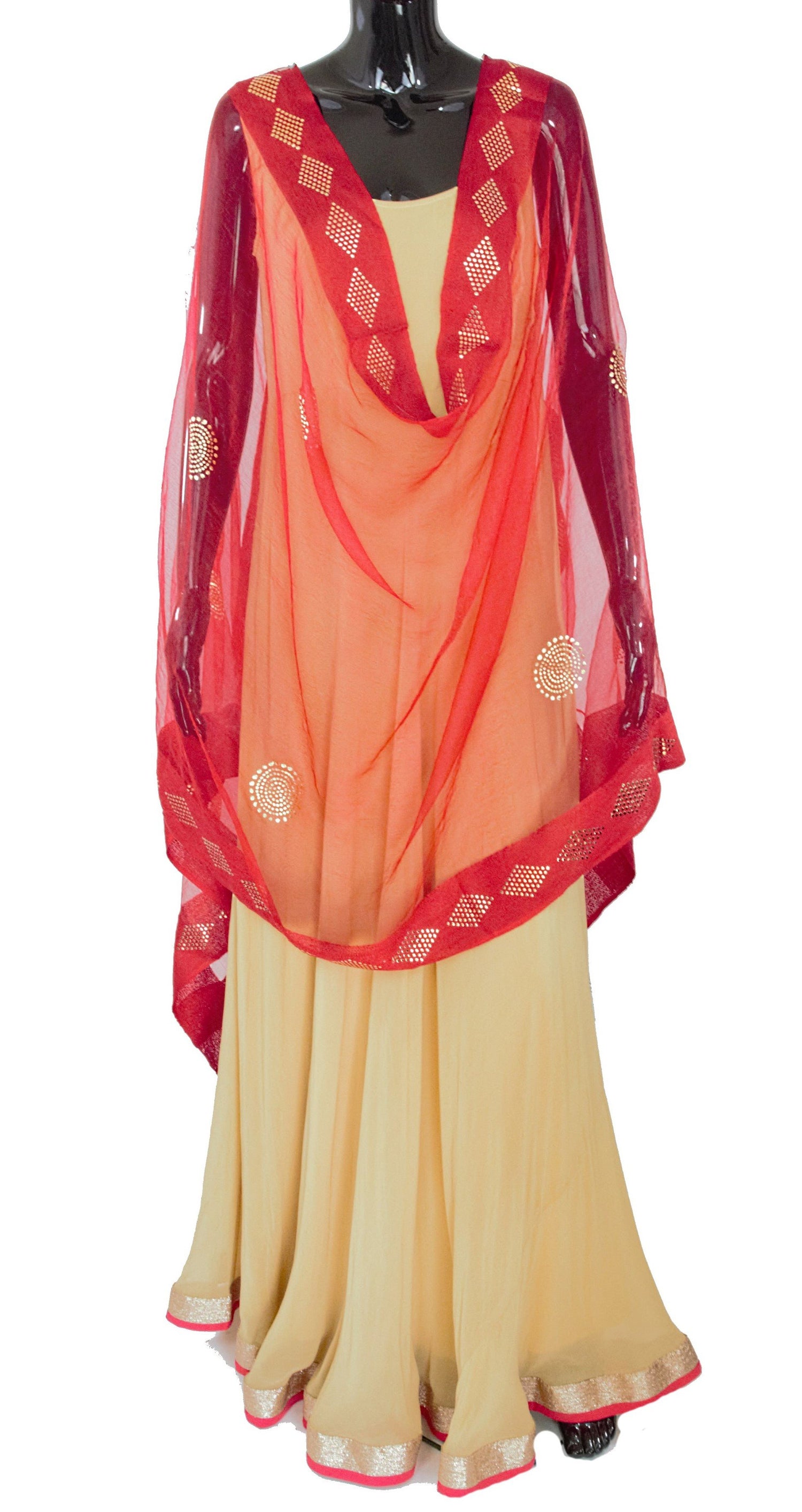 Red Color Dupatta With Golden Dots Pattern