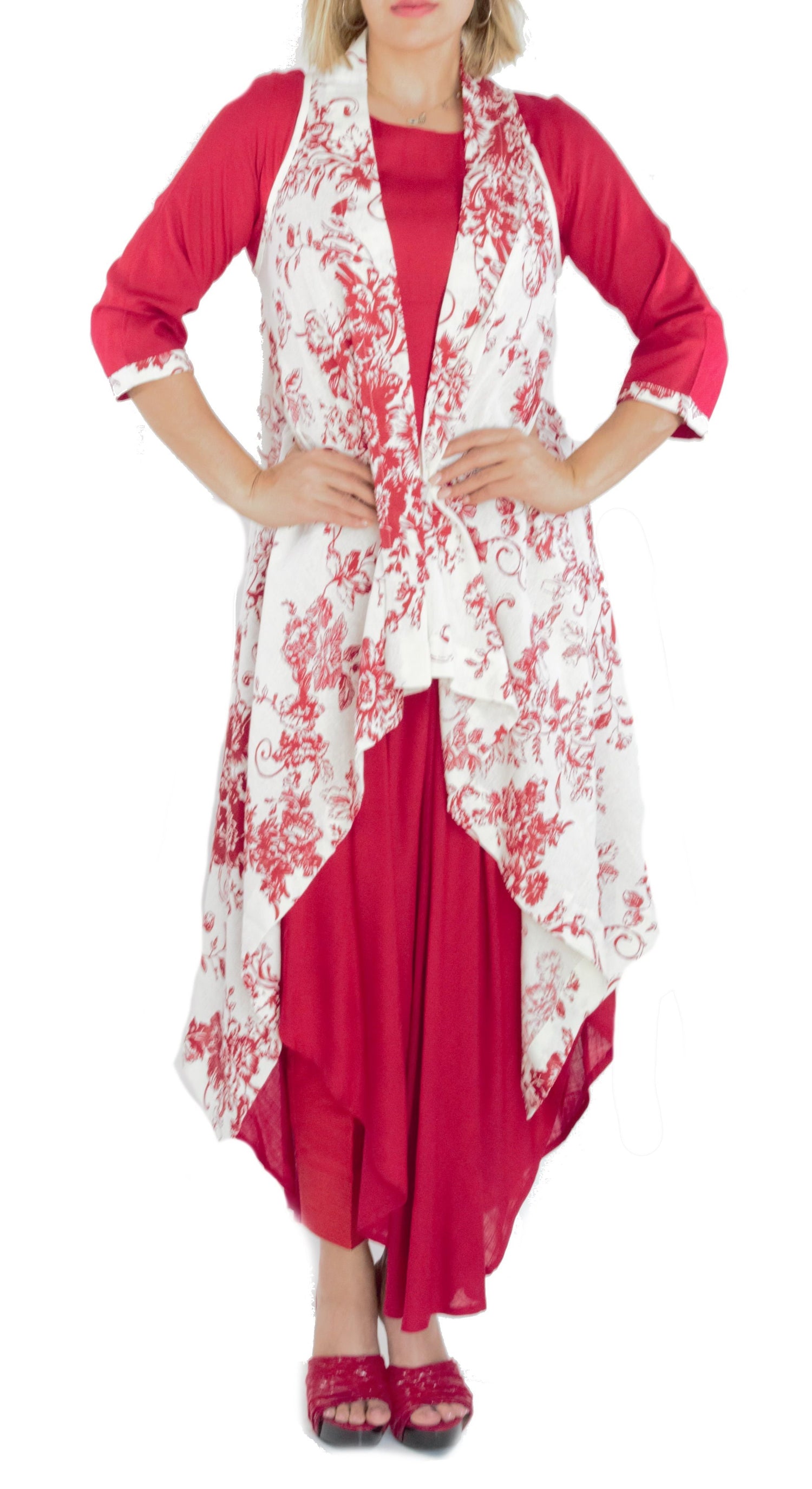 Red Color Kurti with Red and Red Color Floral Print on White Jacket