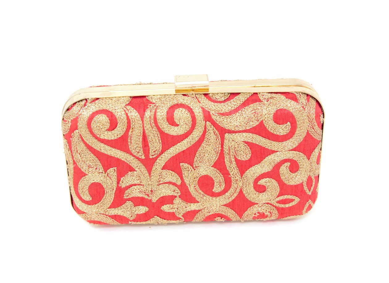 Red Color Clutch With Gold Embroidery and Chain