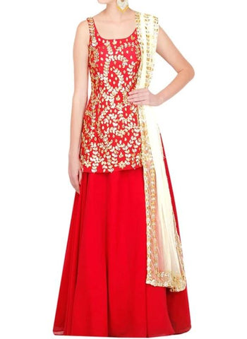 Red Kurti Lehenga Set With Gota Patti Work