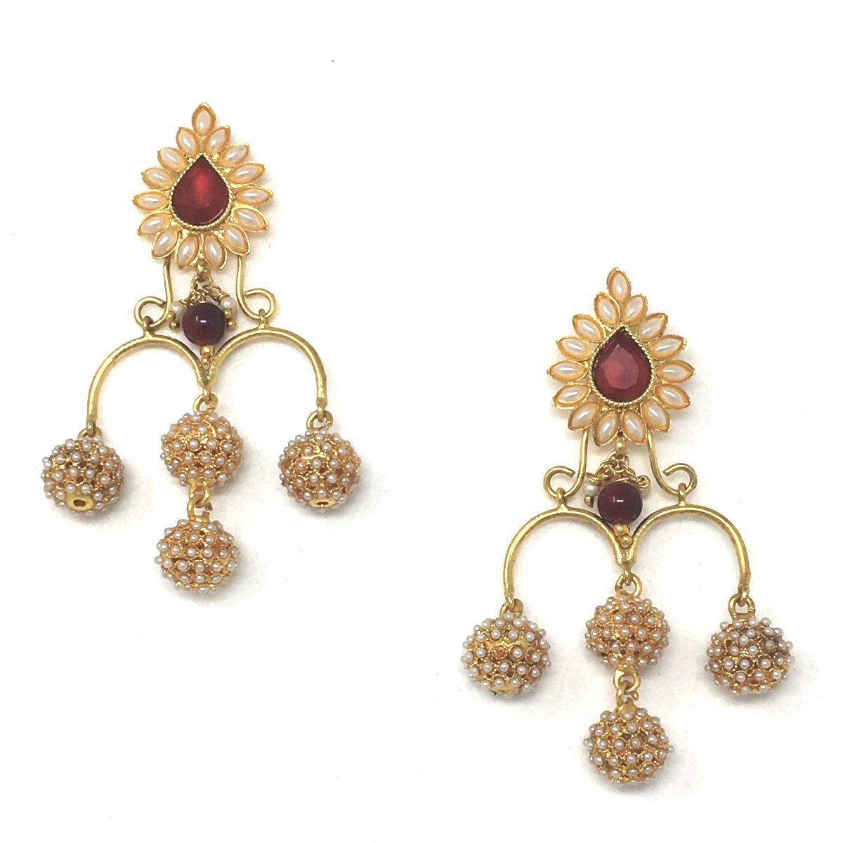 Gold Earrings with Four Pearl Embedded Balls