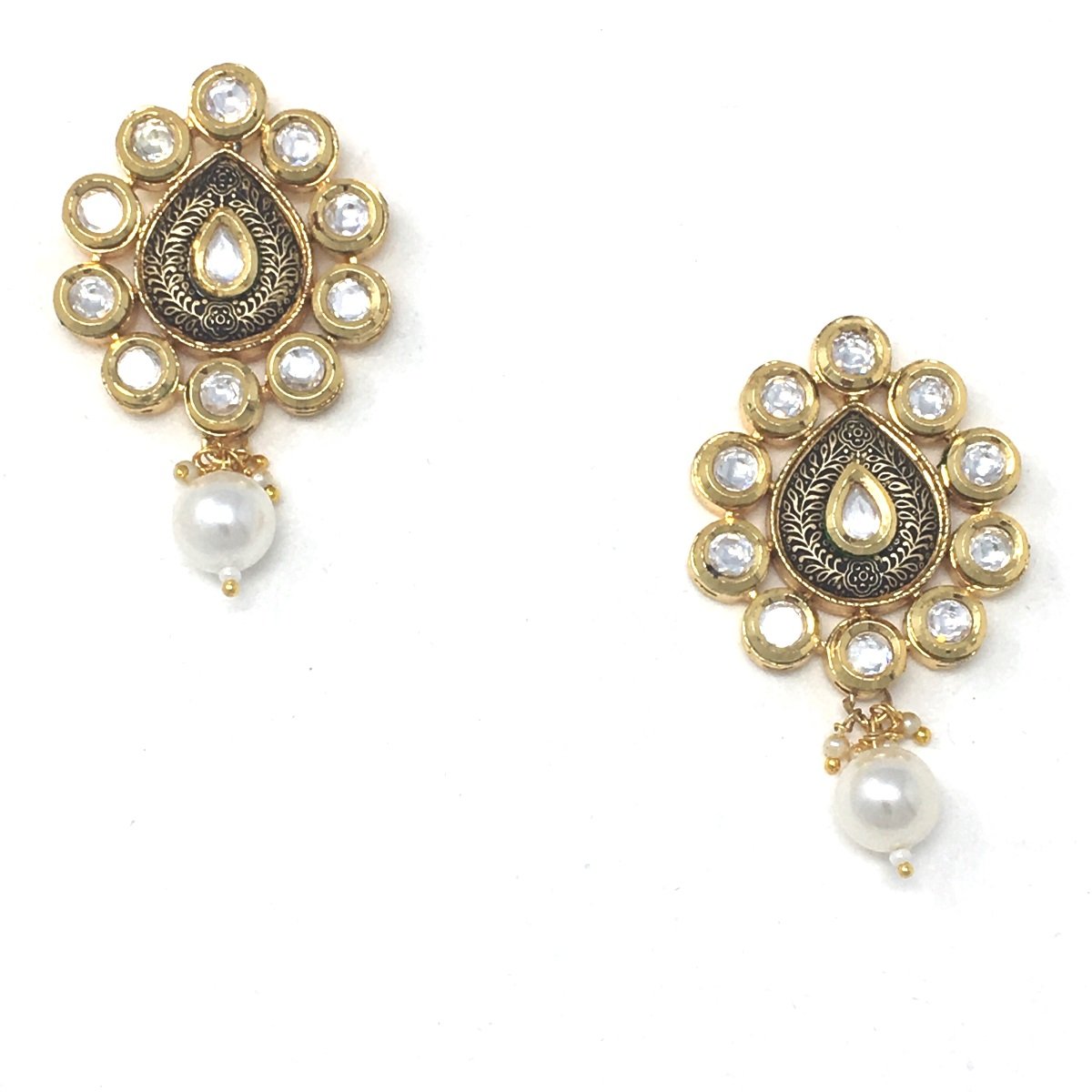 Gold Kundan Earrings with Pearl Drop