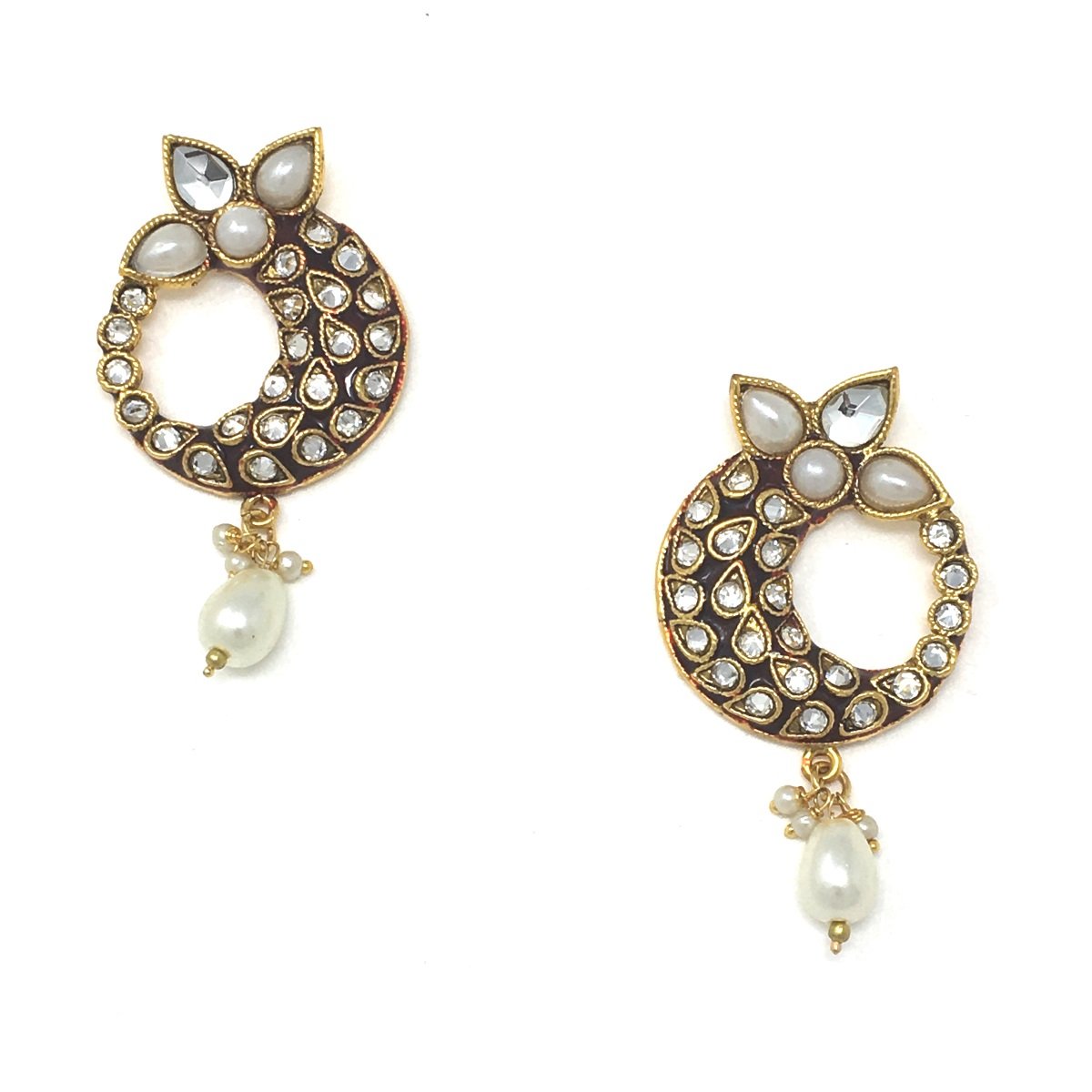 Gold Earrings with Embedded Stones on Maroon Base