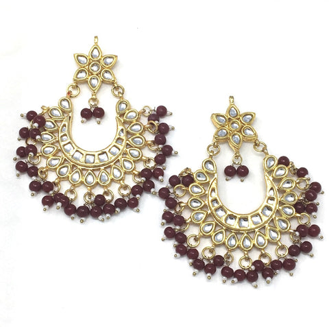 Gold Chandbali Earrings With Maroon Stone Drops