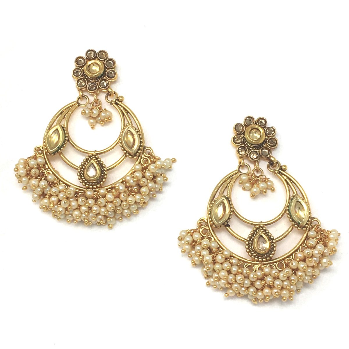 Gold Kundan Chandbali Earrings with Multiple Pearl Drops