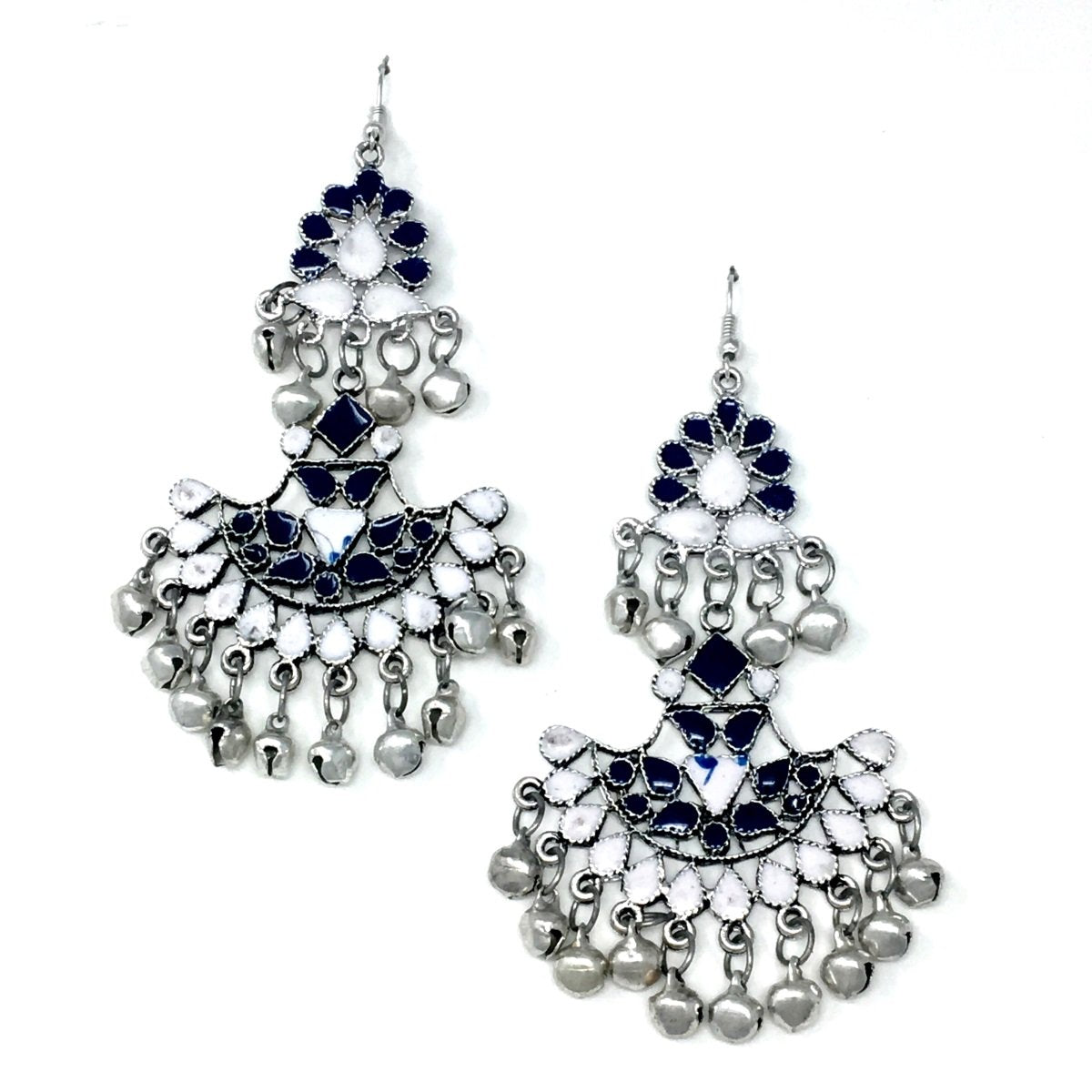 Antique Silver White and Blue Meenakari Earrings