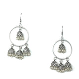Silver Chandbali Jhumkas With Dangling Pearls Earrings