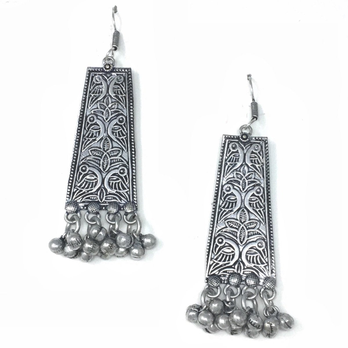 Oxidized Silver Birds Design Long Earrings