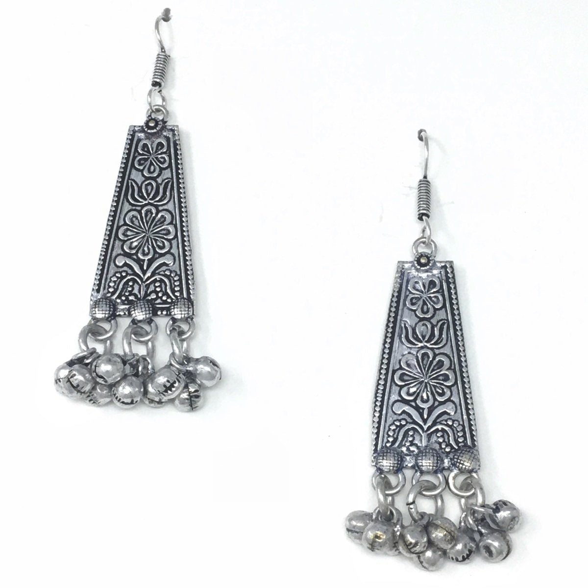 Oxidized Silver Long Floral Earrings