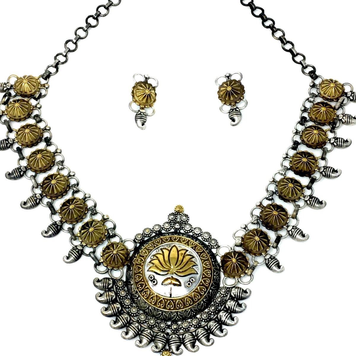 Antique Silver Lotus Necklace Set with Earrings