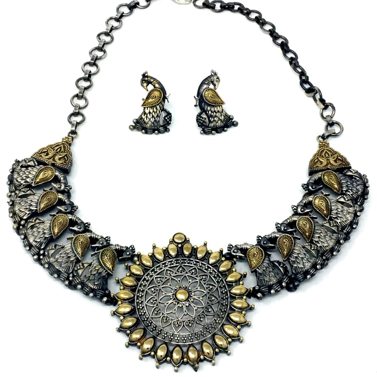 Antique Silver Peacock Necklace Set with Earrings