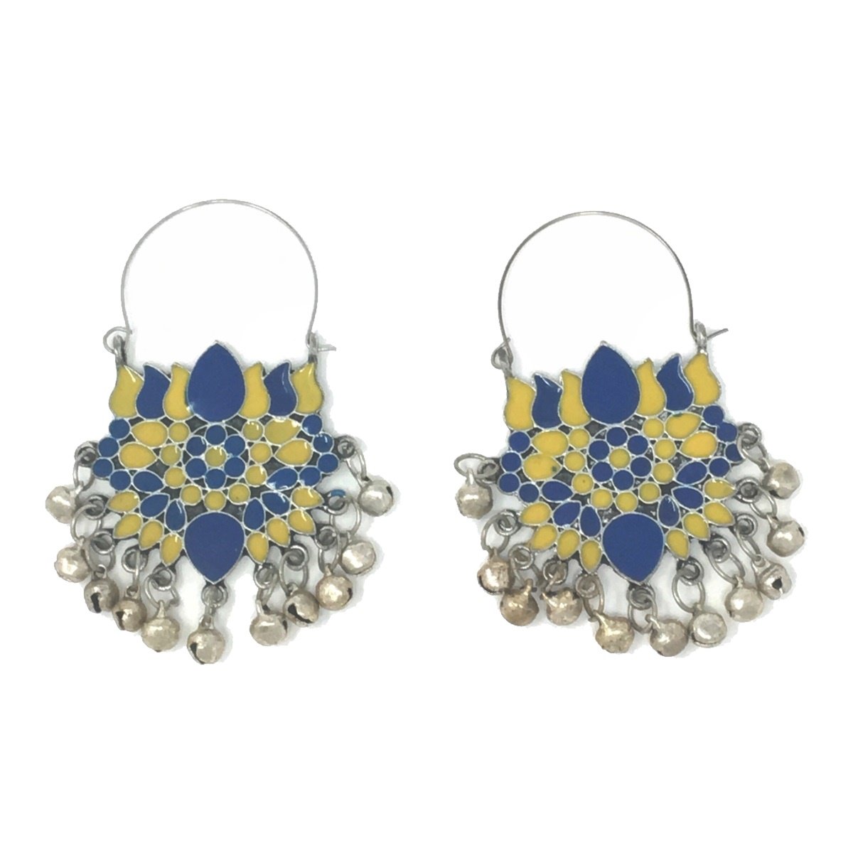 Silver Blue and Yellow Lotus Earrings with Dangling Ghungroos
