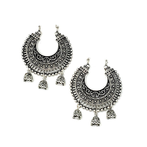Antique Silver Chandbali with 3 Jhumkas Earrings