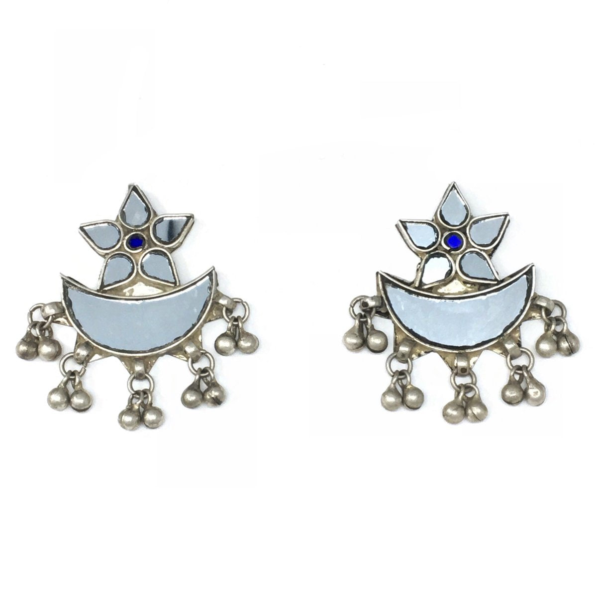 Silver Mirror Earrings with Flower Design and Ghungroos