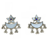 Silver Mirror Earrings with Flower Design and Ghungroos