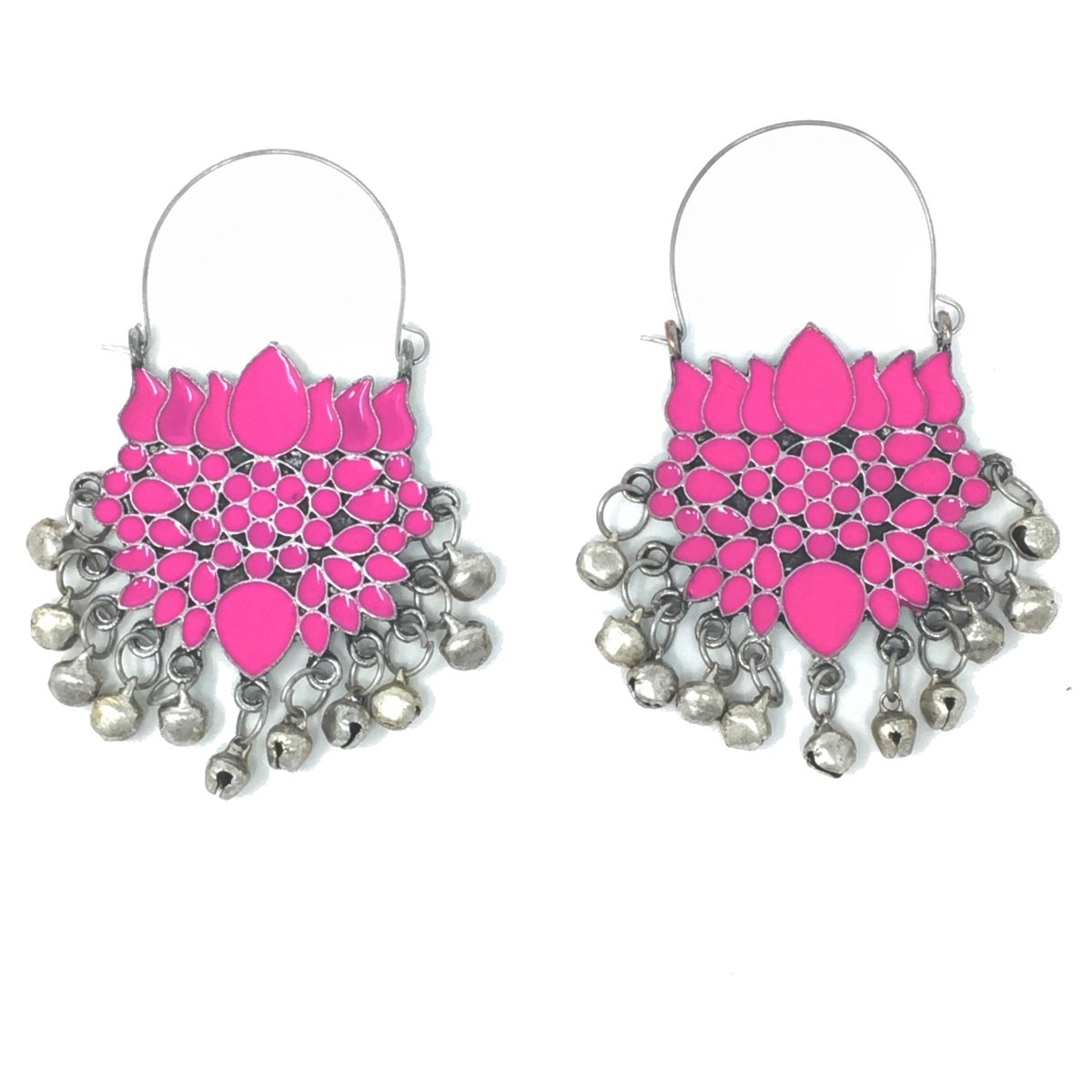 Silver Pink Lotus Meenakari Earrings with Dangling Ghungroos