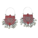 Silver Red Lotus Meenakari Earrings with Dangling Ghungroos
