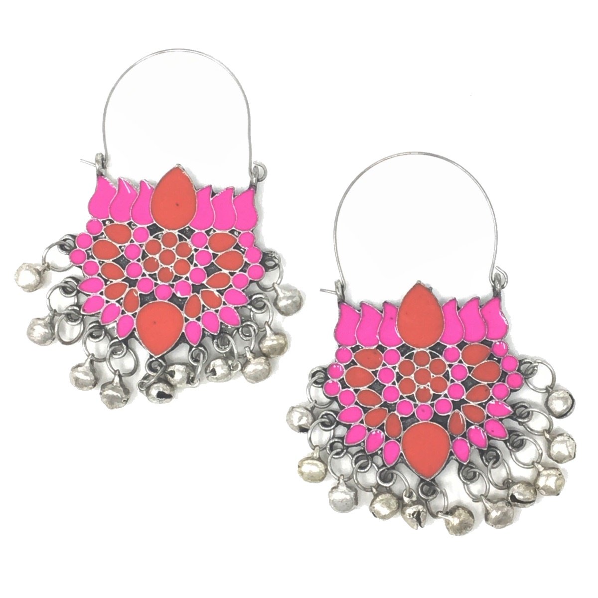 Silver Red and Pink Lotus Earrings with Dangling Ghungroos
