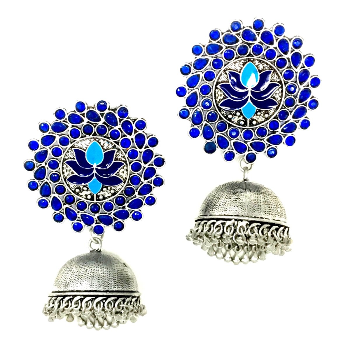 Antique Silver Jhumka with blue color Meena and Stones Earrings