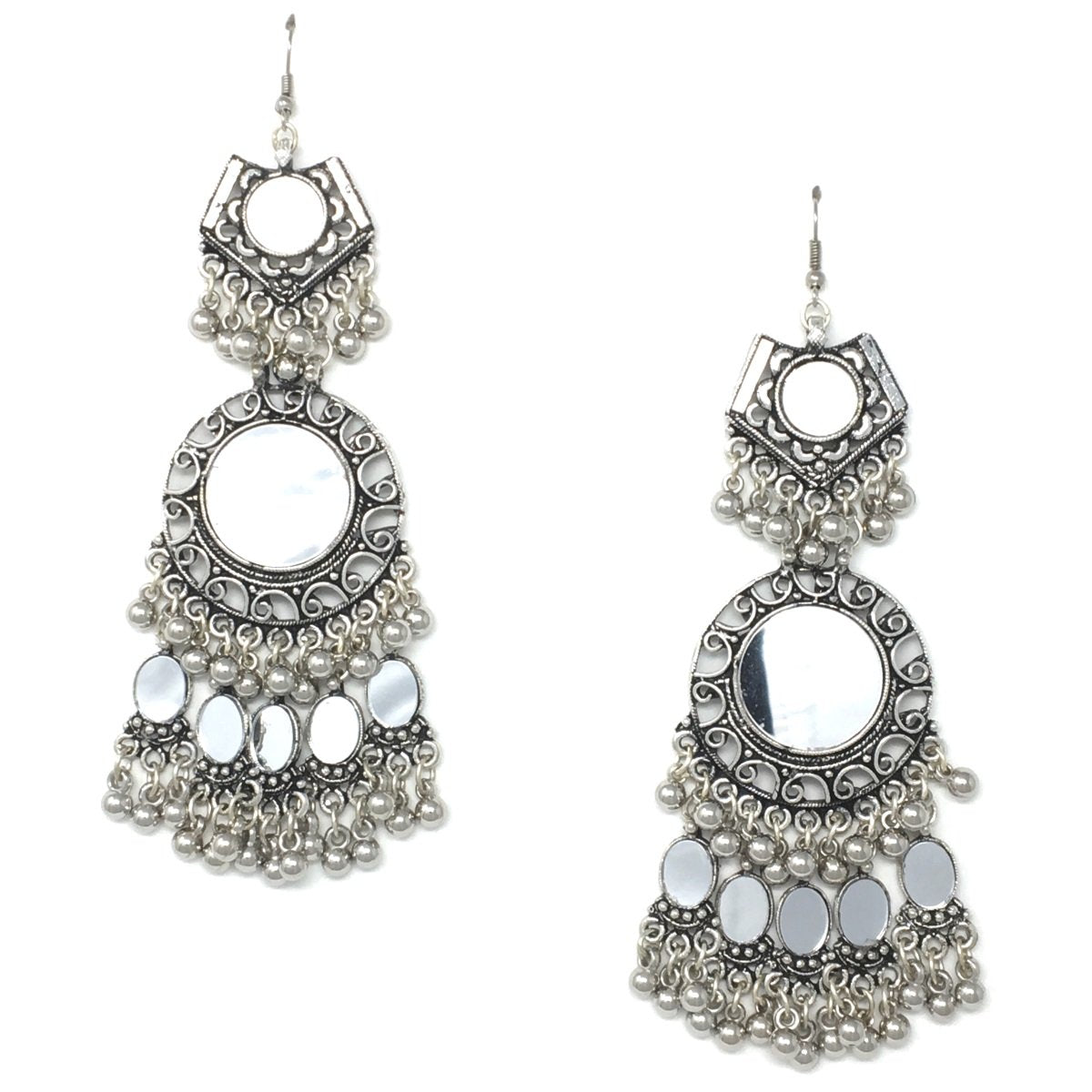 Antique Silver Dangle Drop Earrings with Mirror and Ghungroos