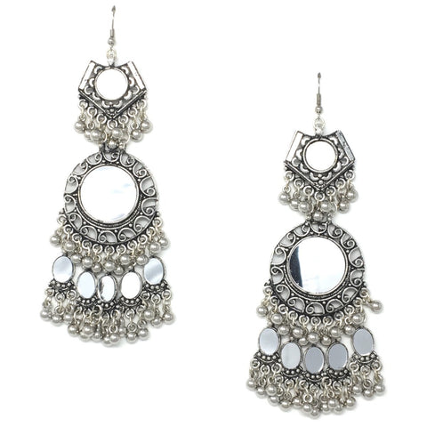 Antique Silver Dangle Drop Earrings with Mirror and Ghungroos