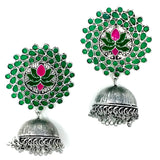 Antique Silver Jhumka  with Green Lotus having Meena and Stones Work Earrings