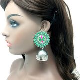 Antique Silver Jhumka  with Green Lotus having Meena and Stones Work Earrings