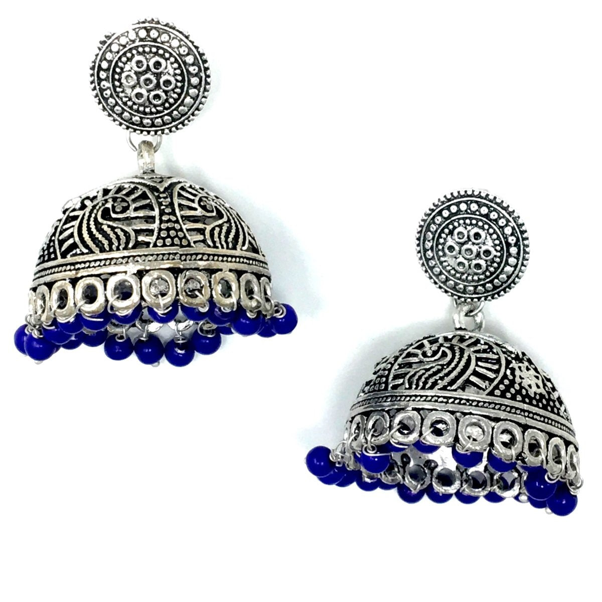 Antique Silver Jhumka with Blue Beads Earrings
