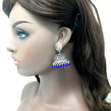 Antique Silver Jhumka with Blue Beads Earrings