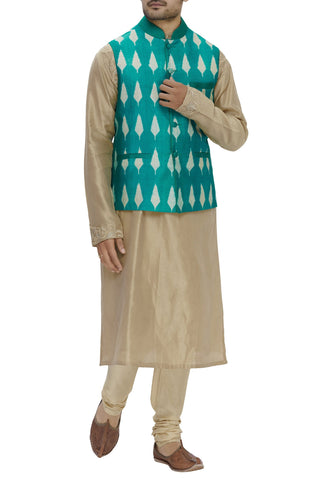 Turquoise Green Shibori Silk Nehru Jacket Bandhgala Waistcoat Bandi