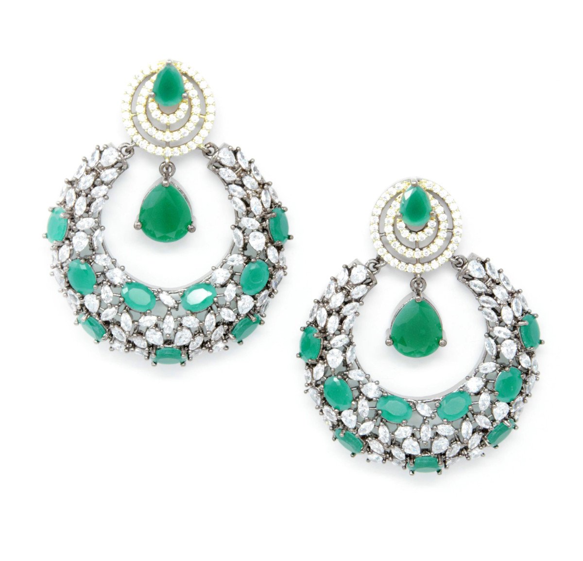 Victorian Style Chandbali Earrings With Green Color Stone Drops