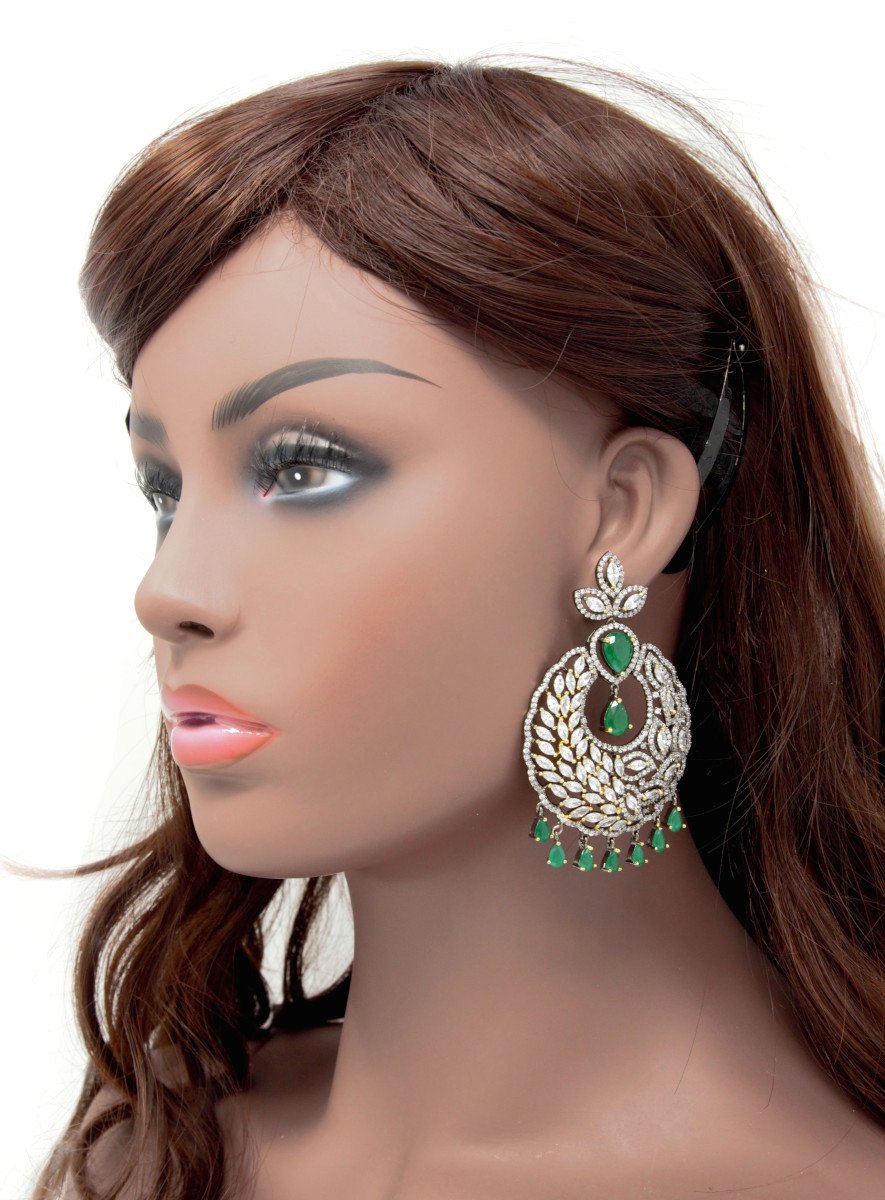 Victorian Style Chandbali Earrings With Leaves Head and Green Color Stone Drops