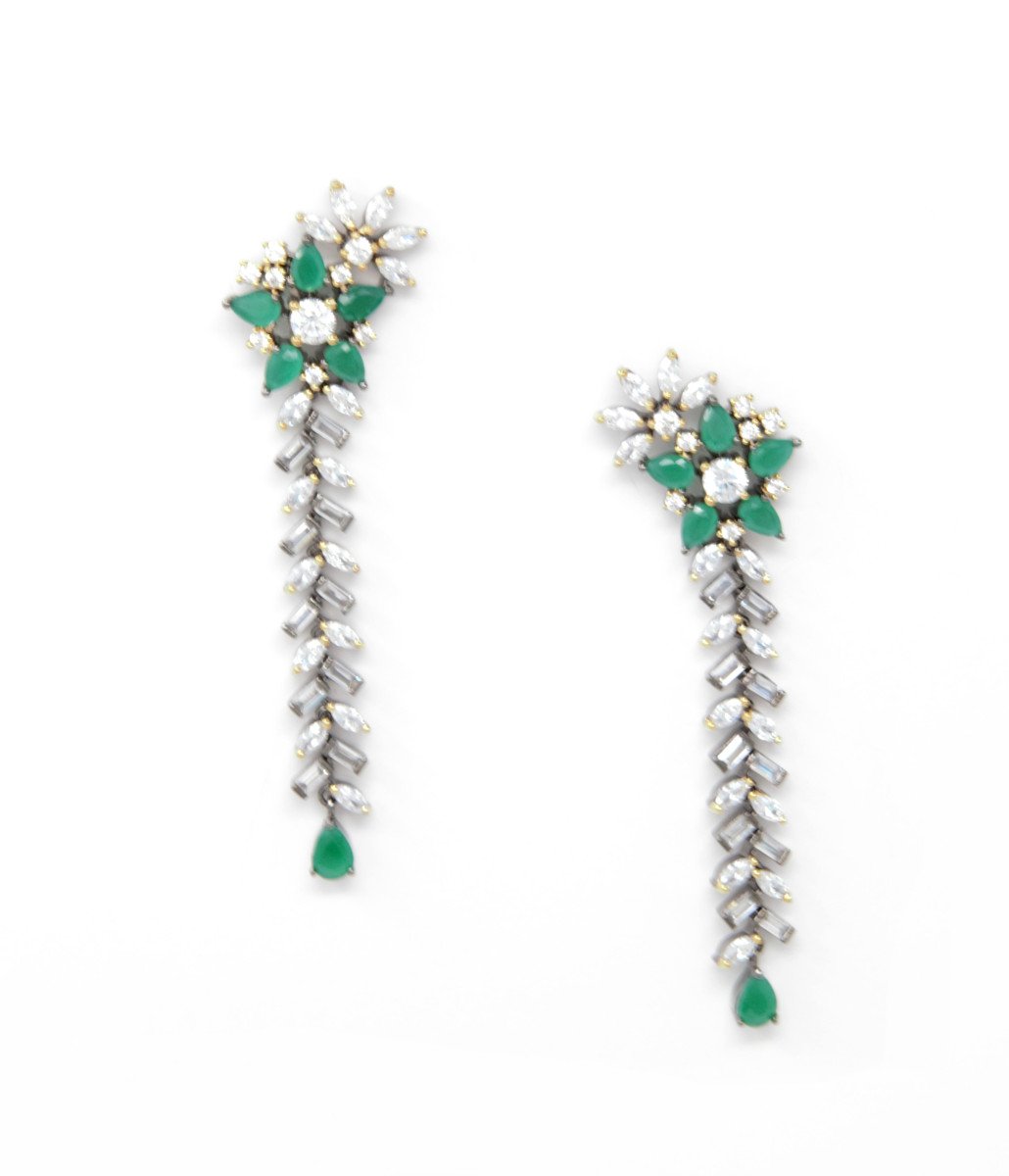 Victorian Style Long Earrings with Green and White Embedded Stones